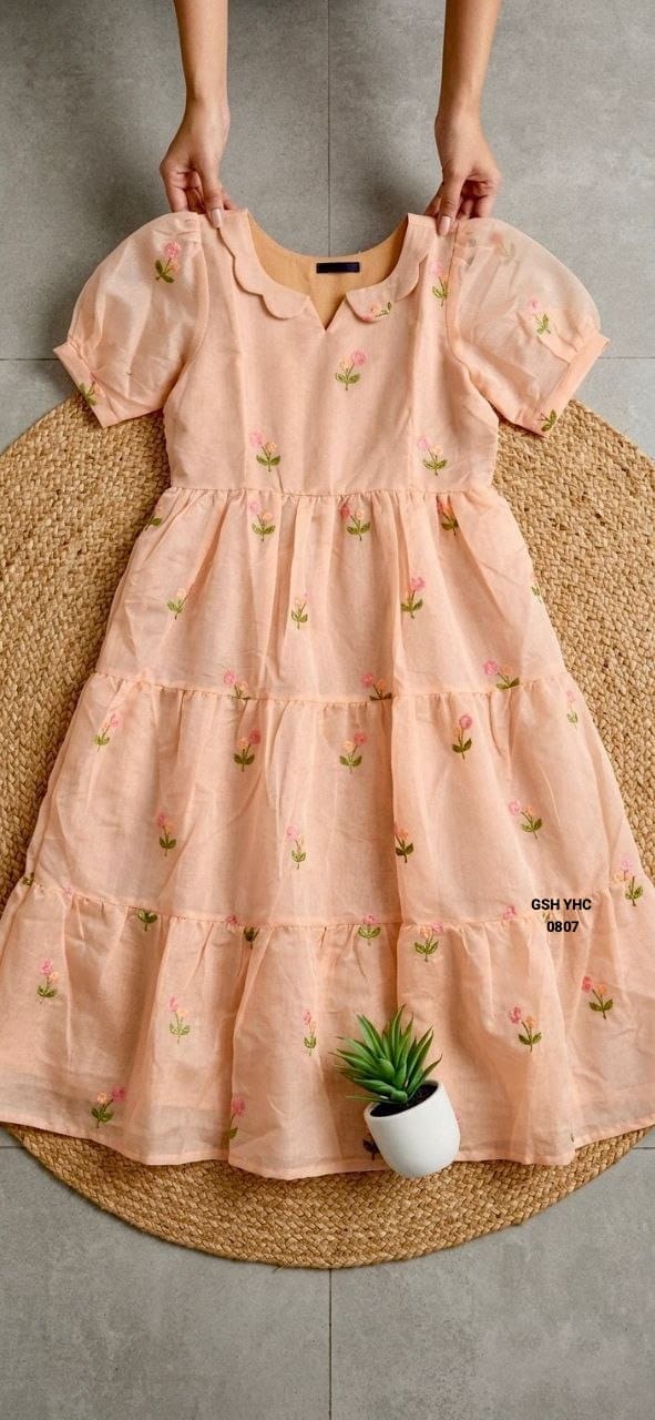 Peach Floral Embroidered Cotton Midi Dress – Peach Pink